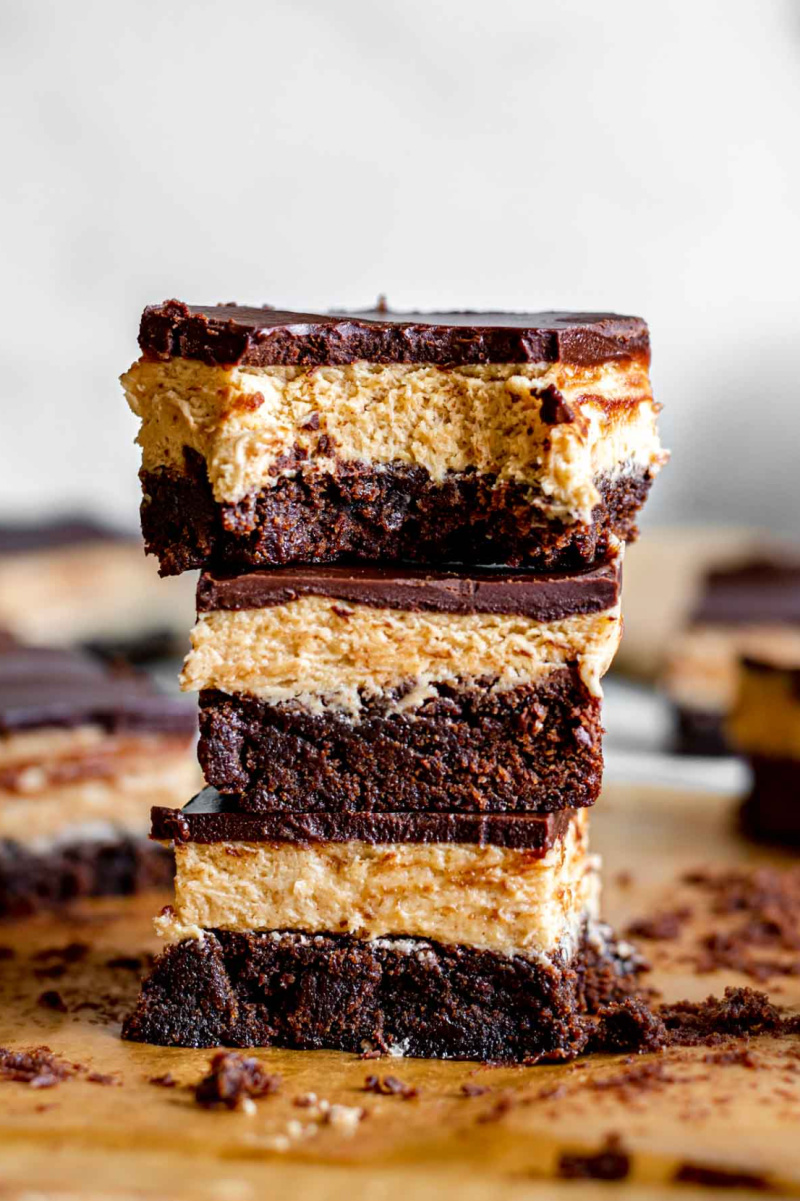 stack of three peanut butter truffle brownies