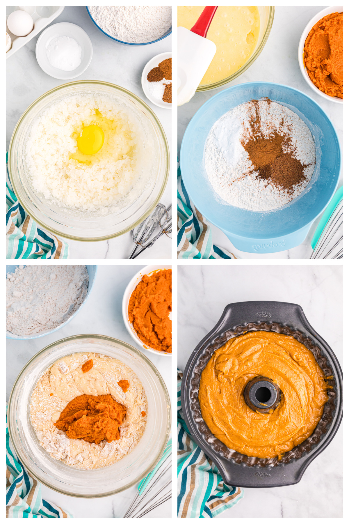 four photos showing how to make pumpkin pound cake