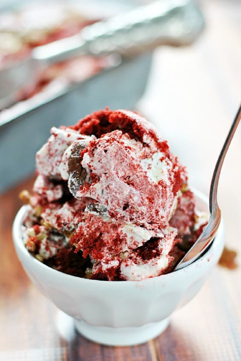 bowl full of red velvet cheesecake ice cream