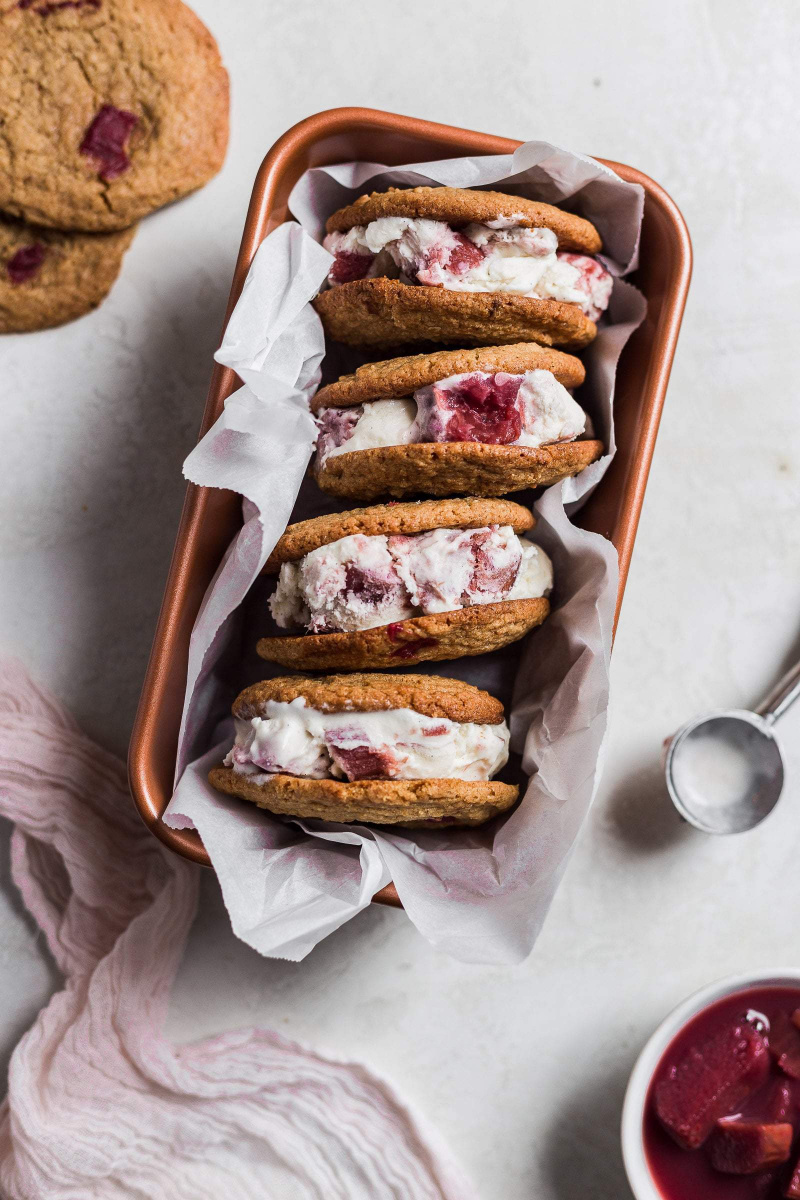 rhubarb ice cream sandwiches in a pan