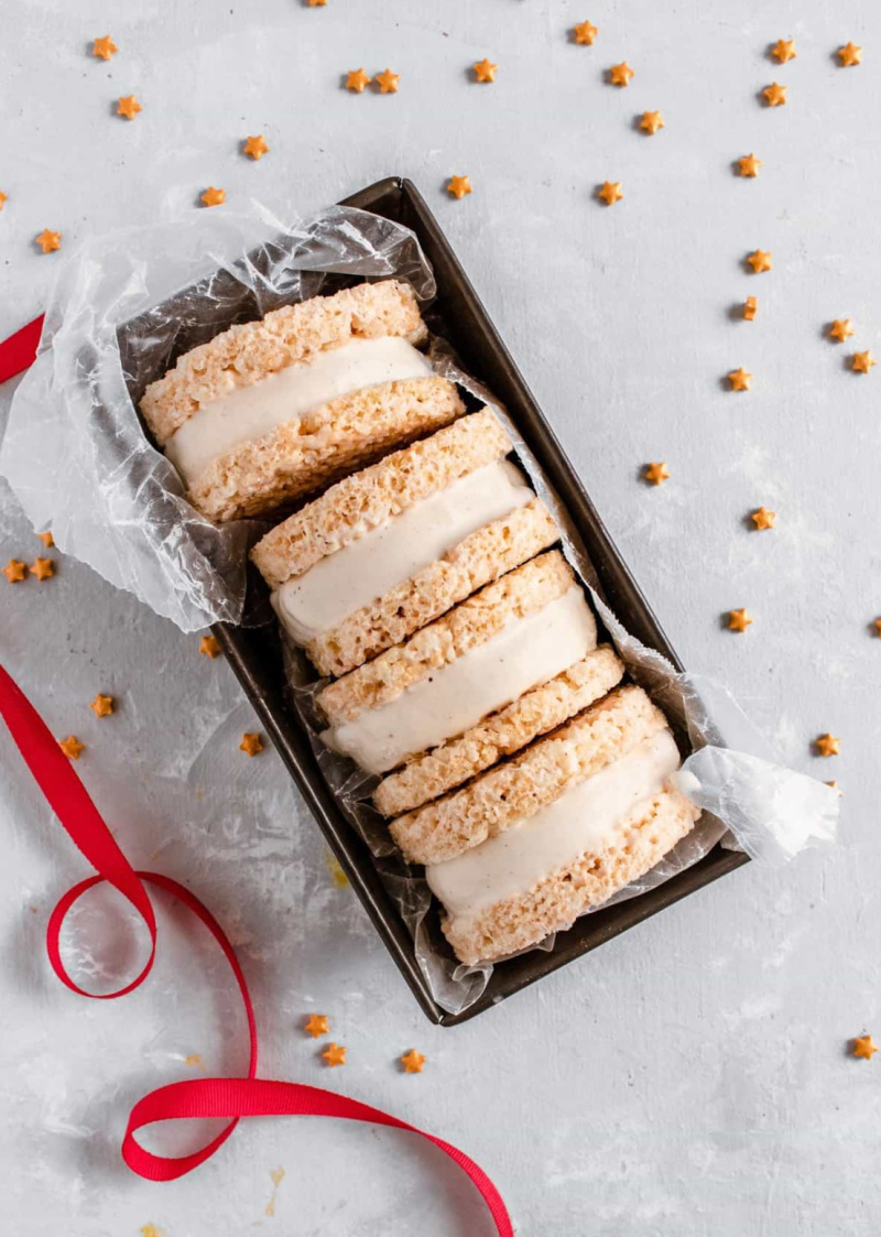 rice krispie ice cream sandwiches in a pan