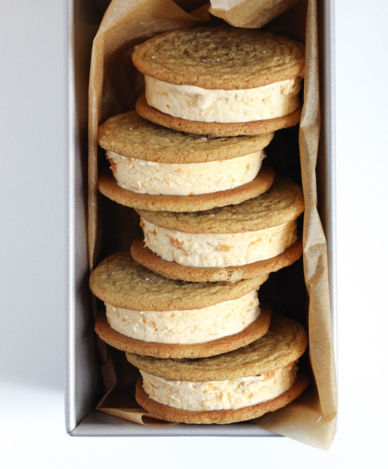 salted brown sugar butterscotch ice cream sandwiches in a pan