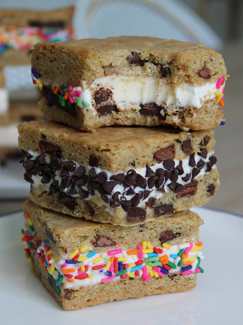 stack of sheet pan chocolate chip cookie ice cream sandwiches