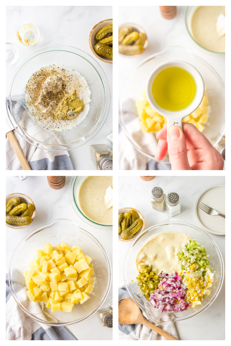 four photos showing how to make sweet pickle potato salad