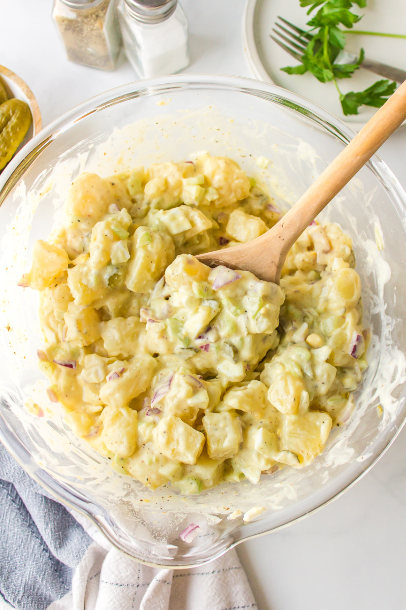 sweet pickle potato salad in a bowl