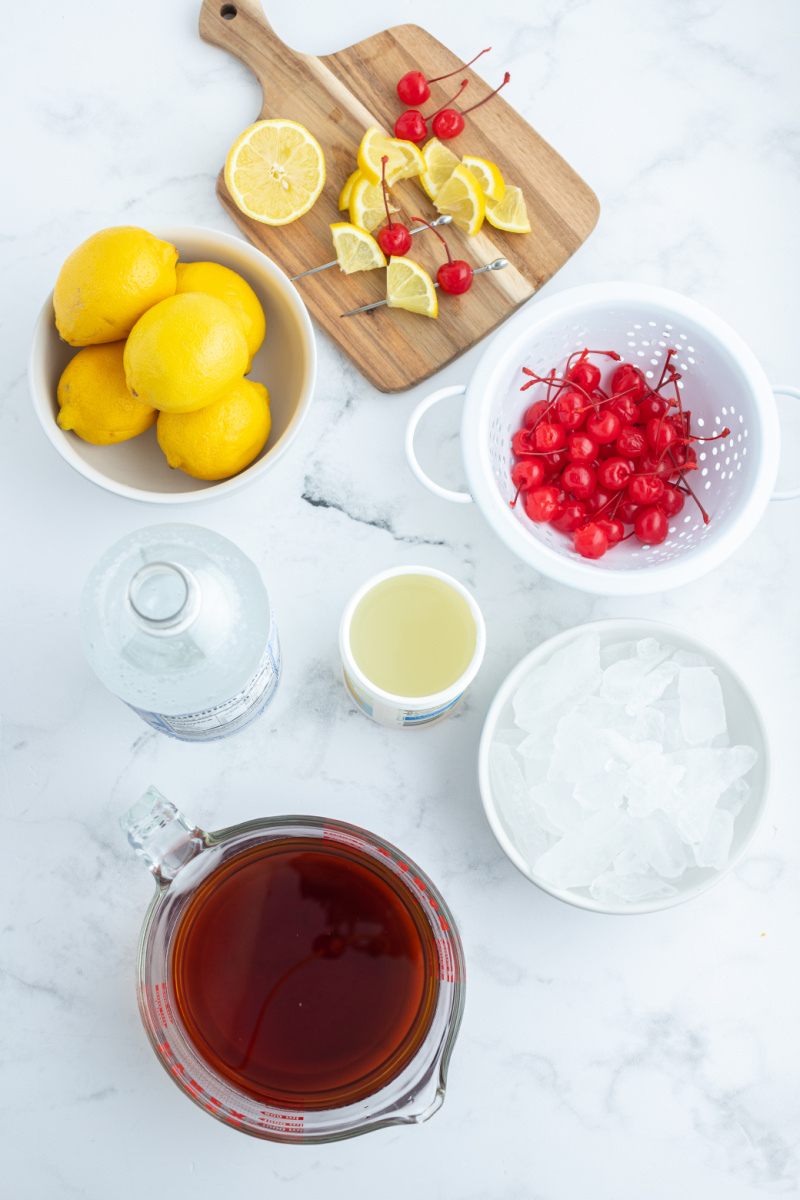 ingredients displayed for making whiskey sour punch