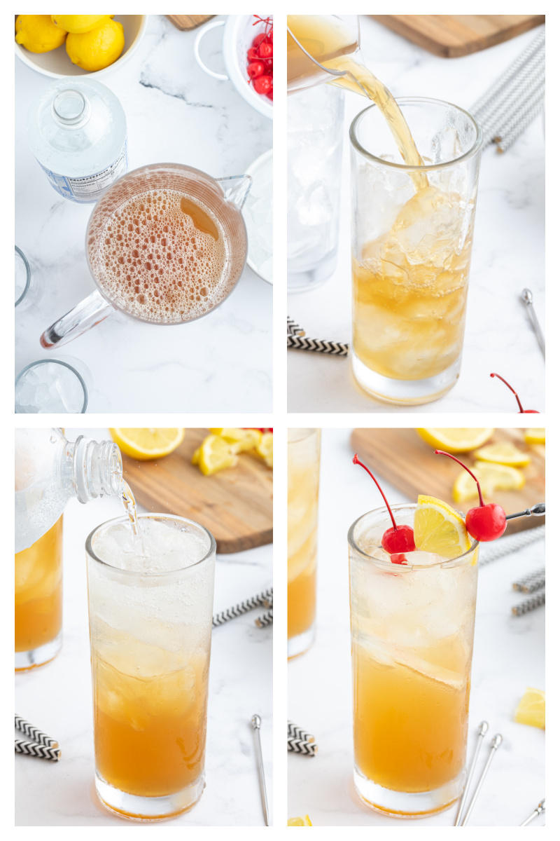 four photos showing how to make whiskey sour punch