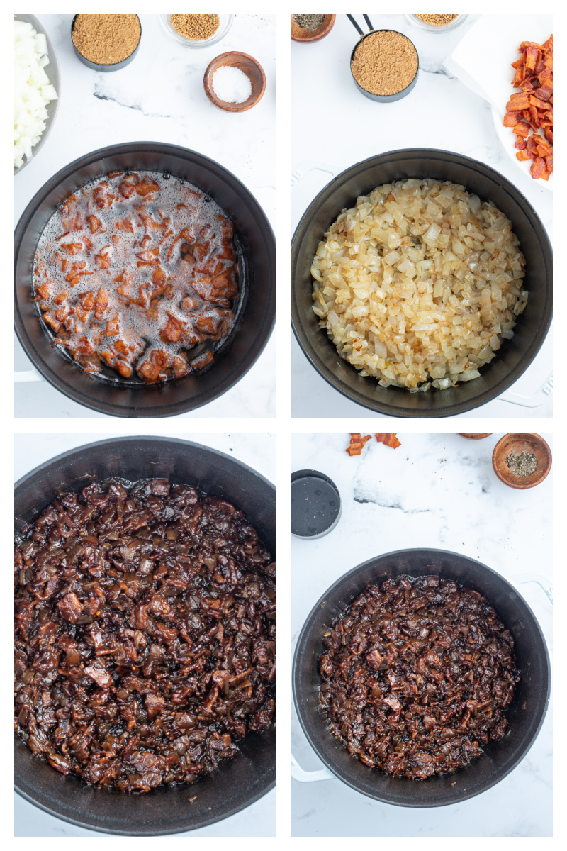 four photos showing how to make bacon jam in a pot