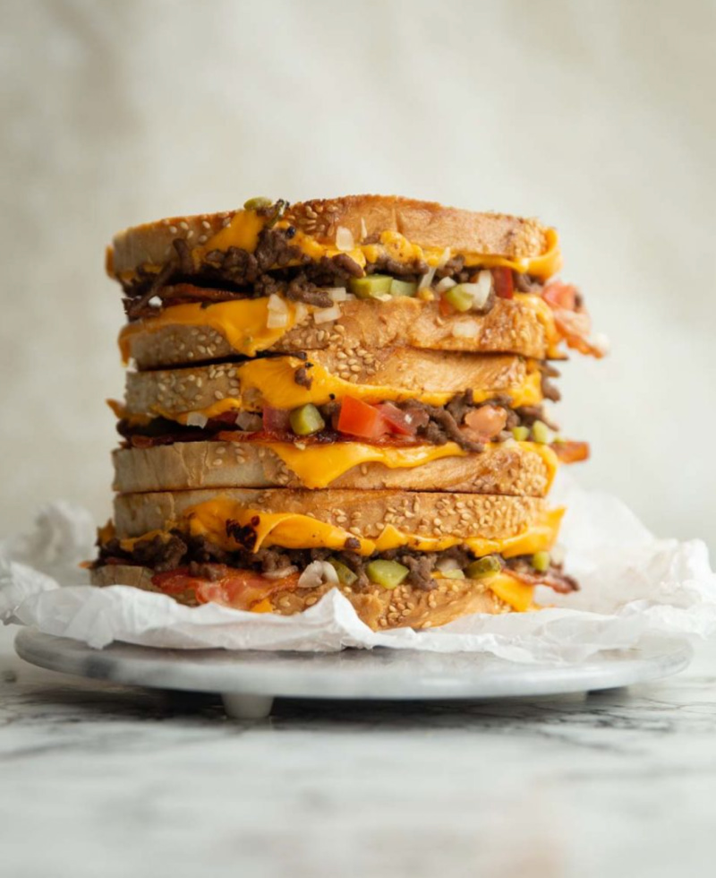 stack of cheeseburger grilled cheese