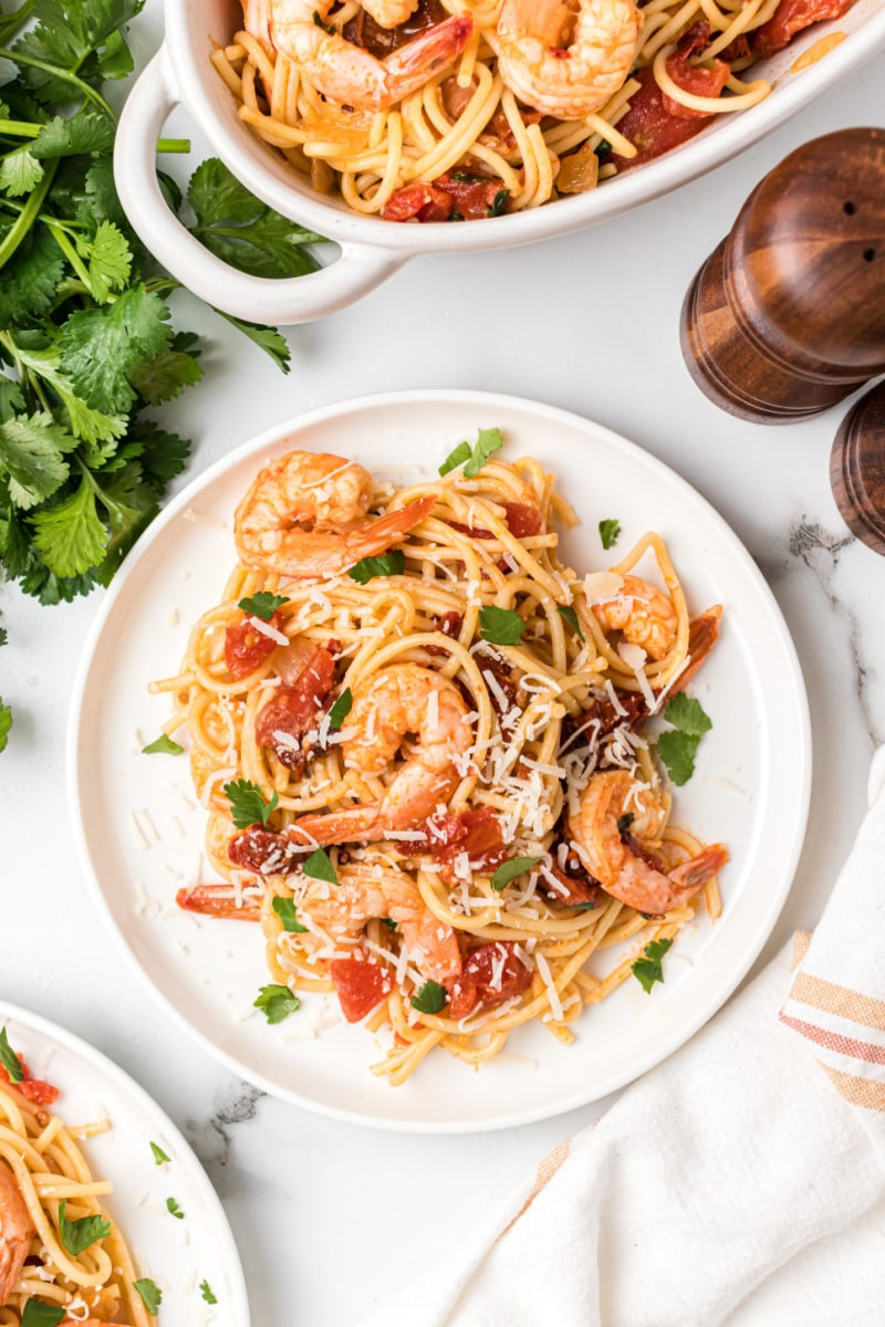 plate of chipotle beer shrimp with pasta