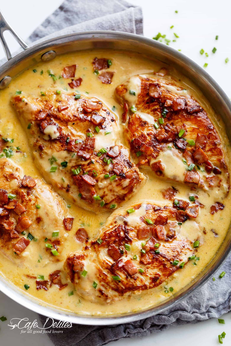pan of creamy beer cheese chicken