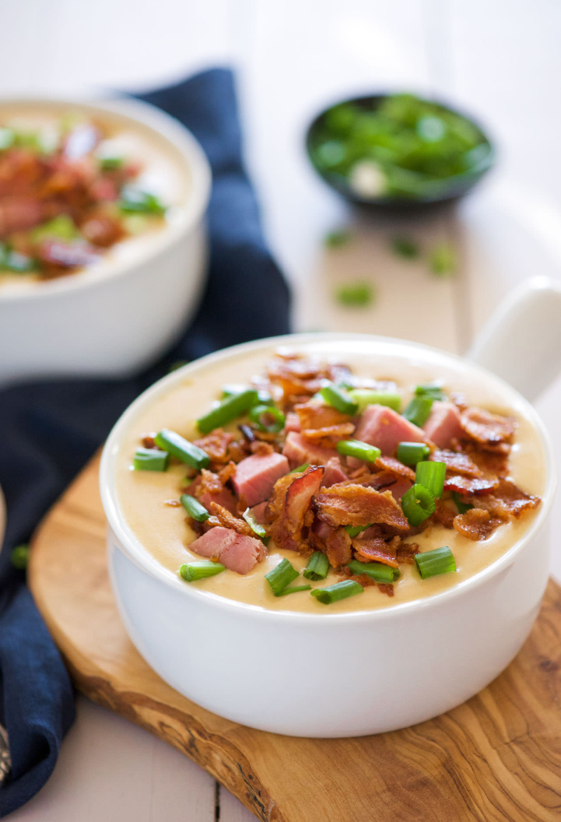 bowl of ham and white cheddar beer cheese soup