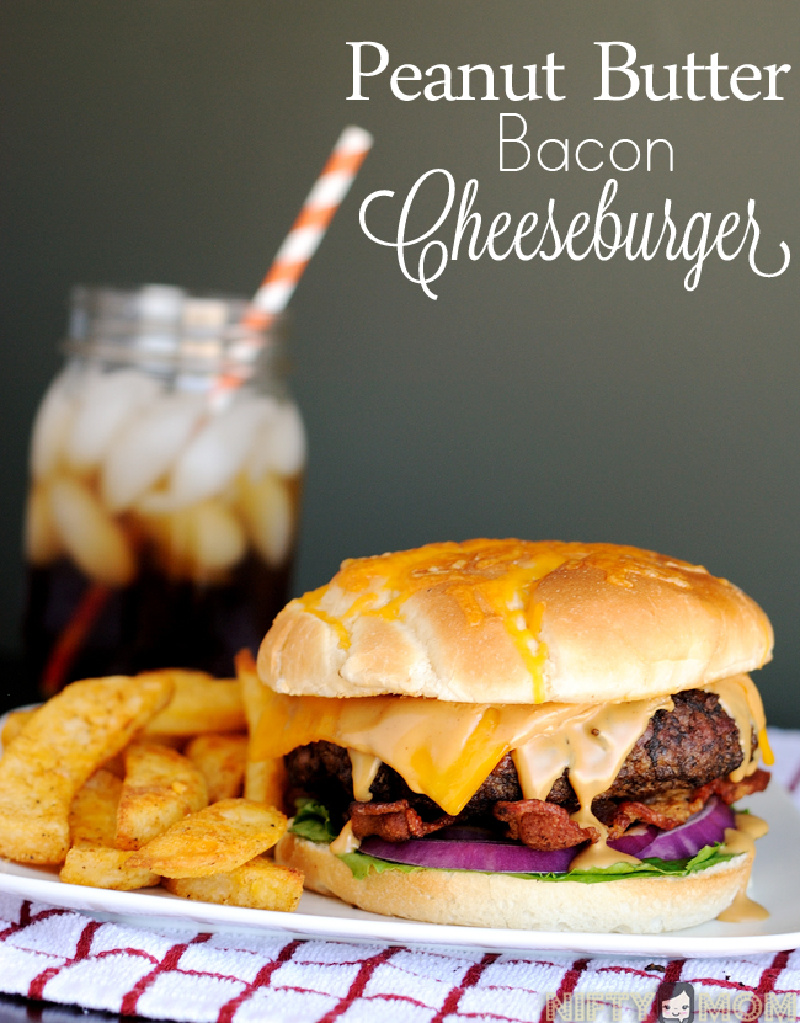 peanut butter bacon cheeseburger on a plate with chips