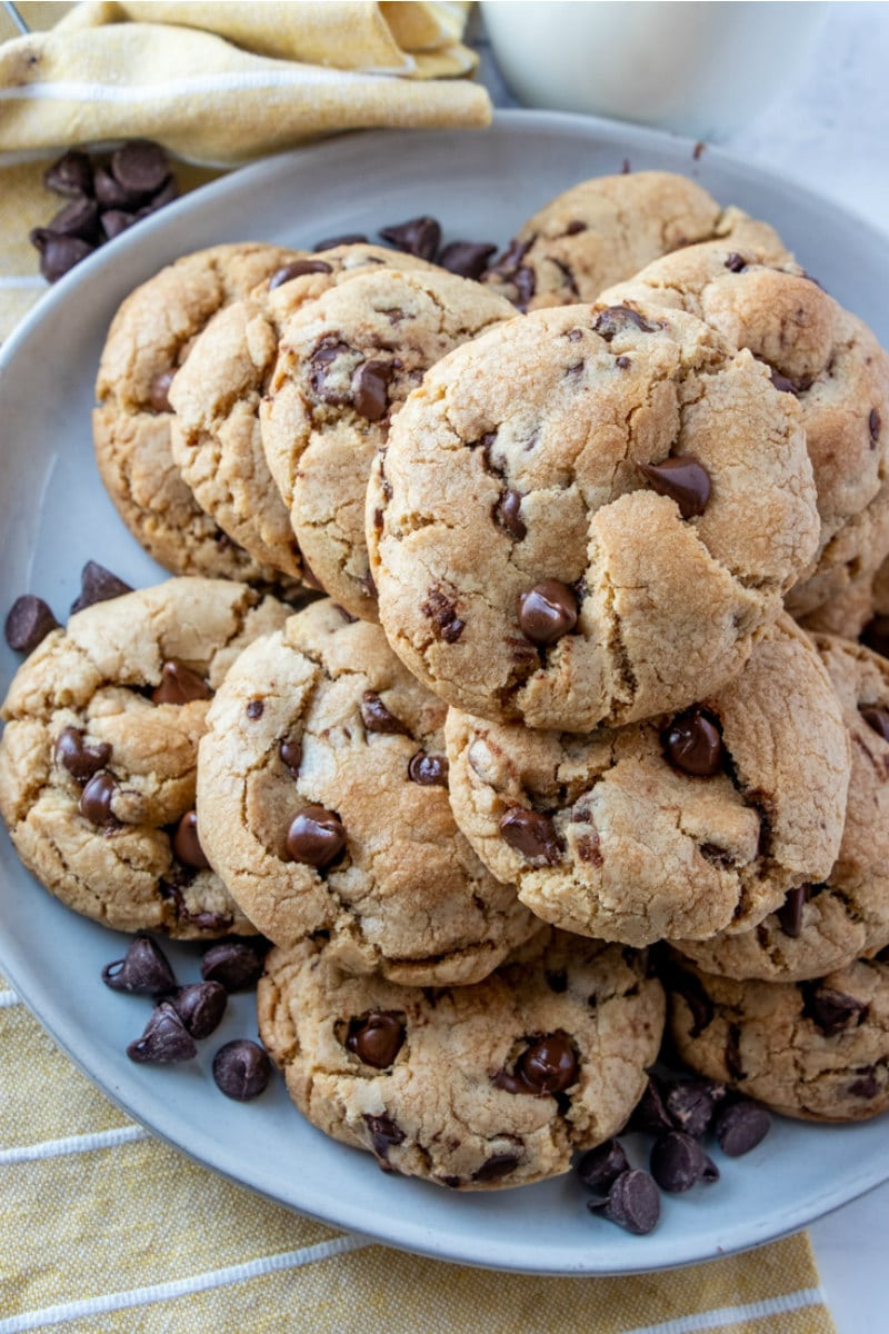brown butter chocolate chip cookies on a blue plate