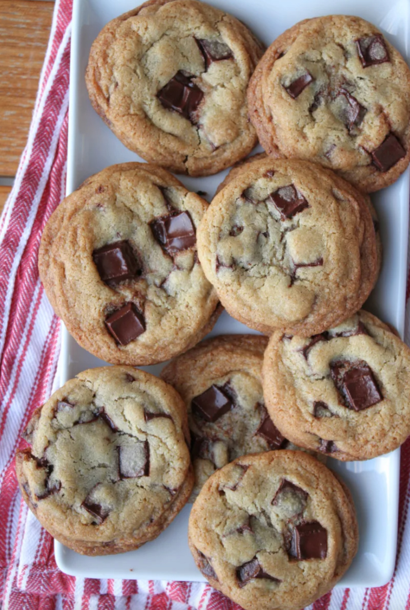 chocolate chip cookies for one on a dish towel