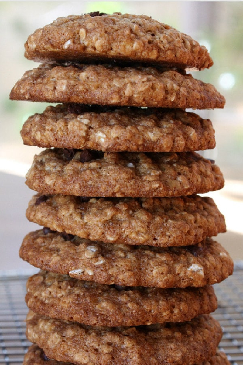 stack of low fat oatmeal chocolate chip cookies