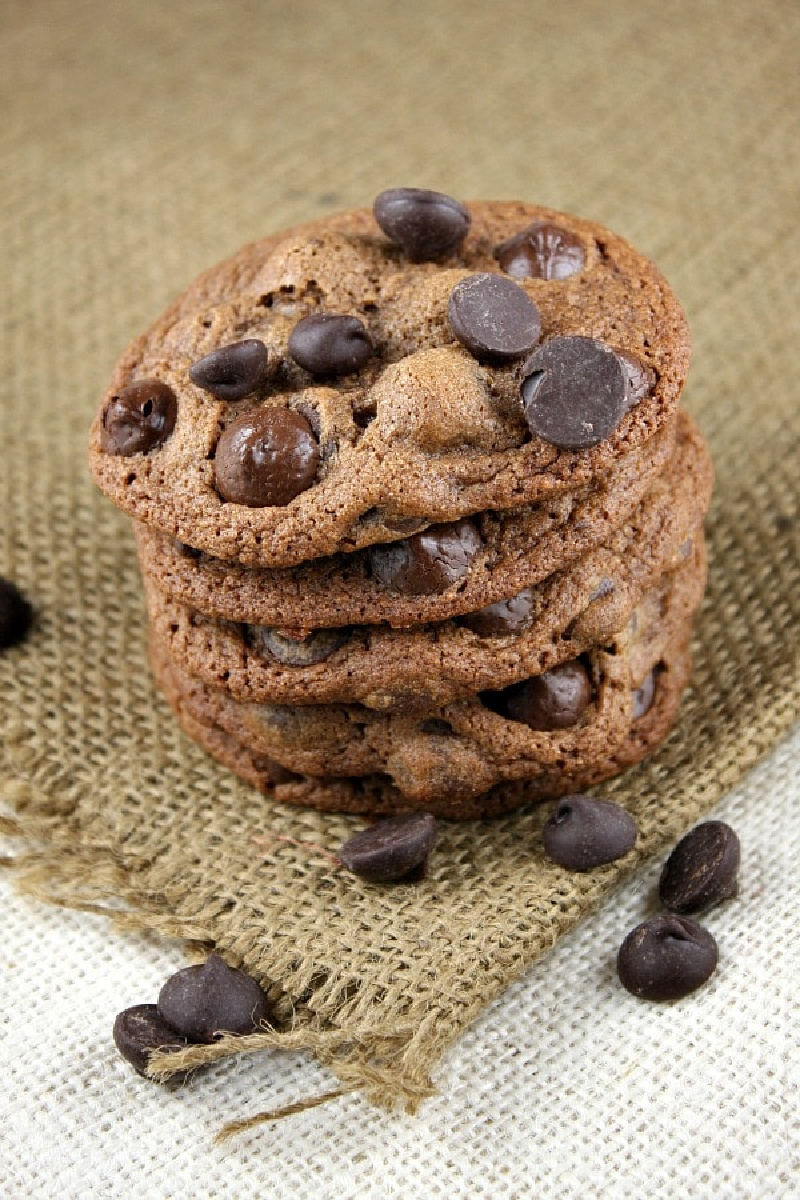 stack of malted dark chocolate chip cookies