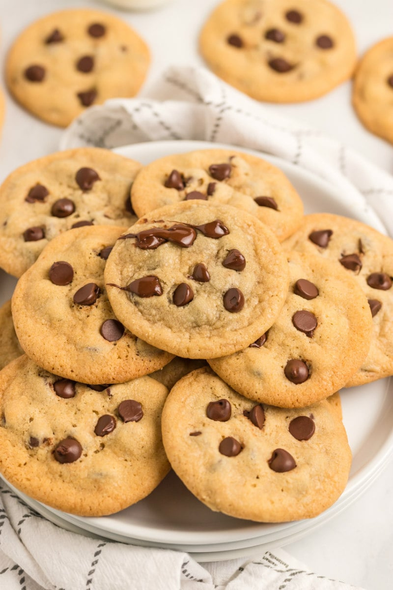 one bowl chocolate chip cookies on a plate