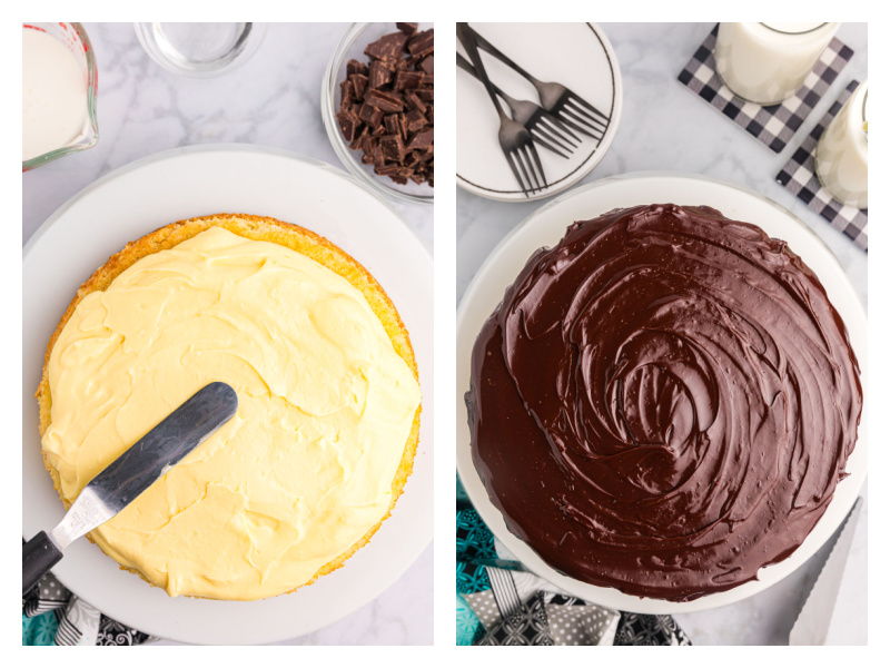 two photos showing how to assemble boston cream pie