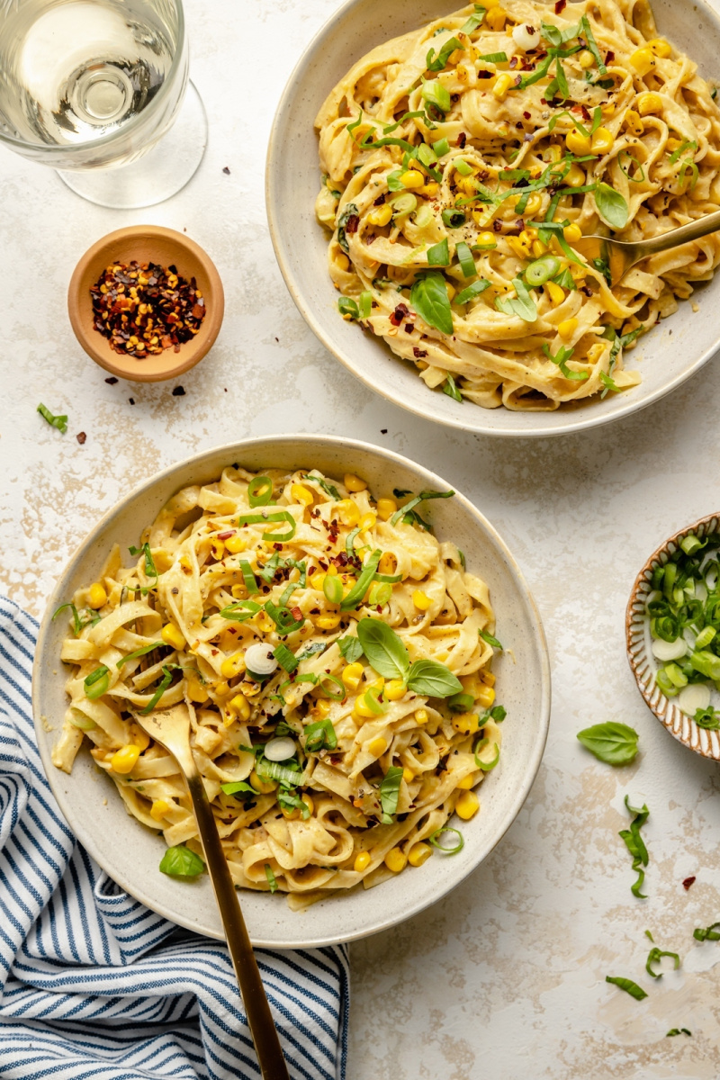 two bowls of brown butter corn ricotta pasta
