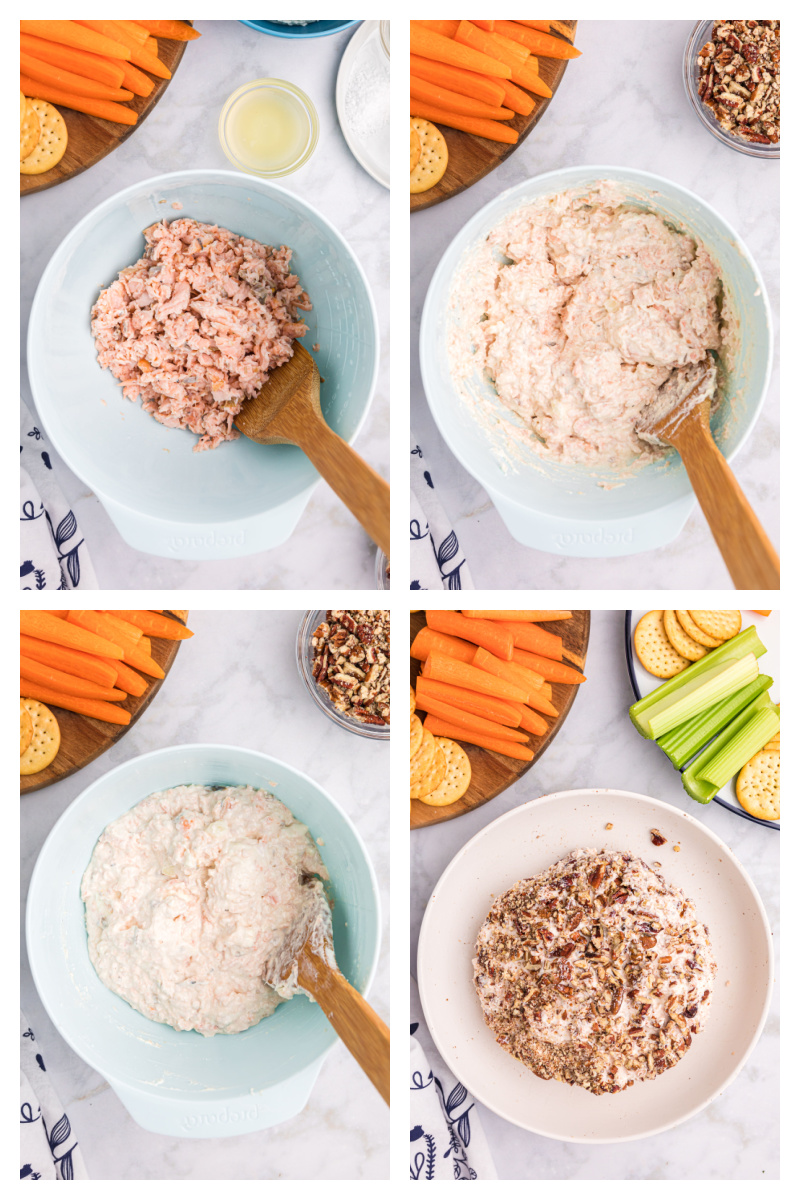 four photos showing how to make a salmon party ball