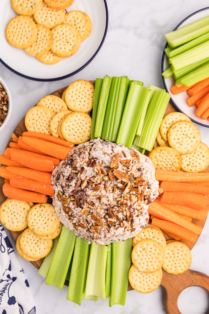 overhead shot of salmon party ball with veggies and crackers