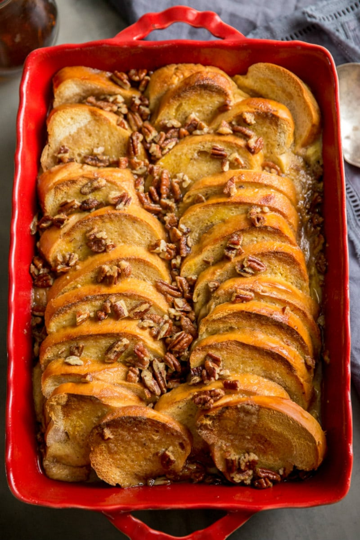 baked french toast with maple praline in casserole dish