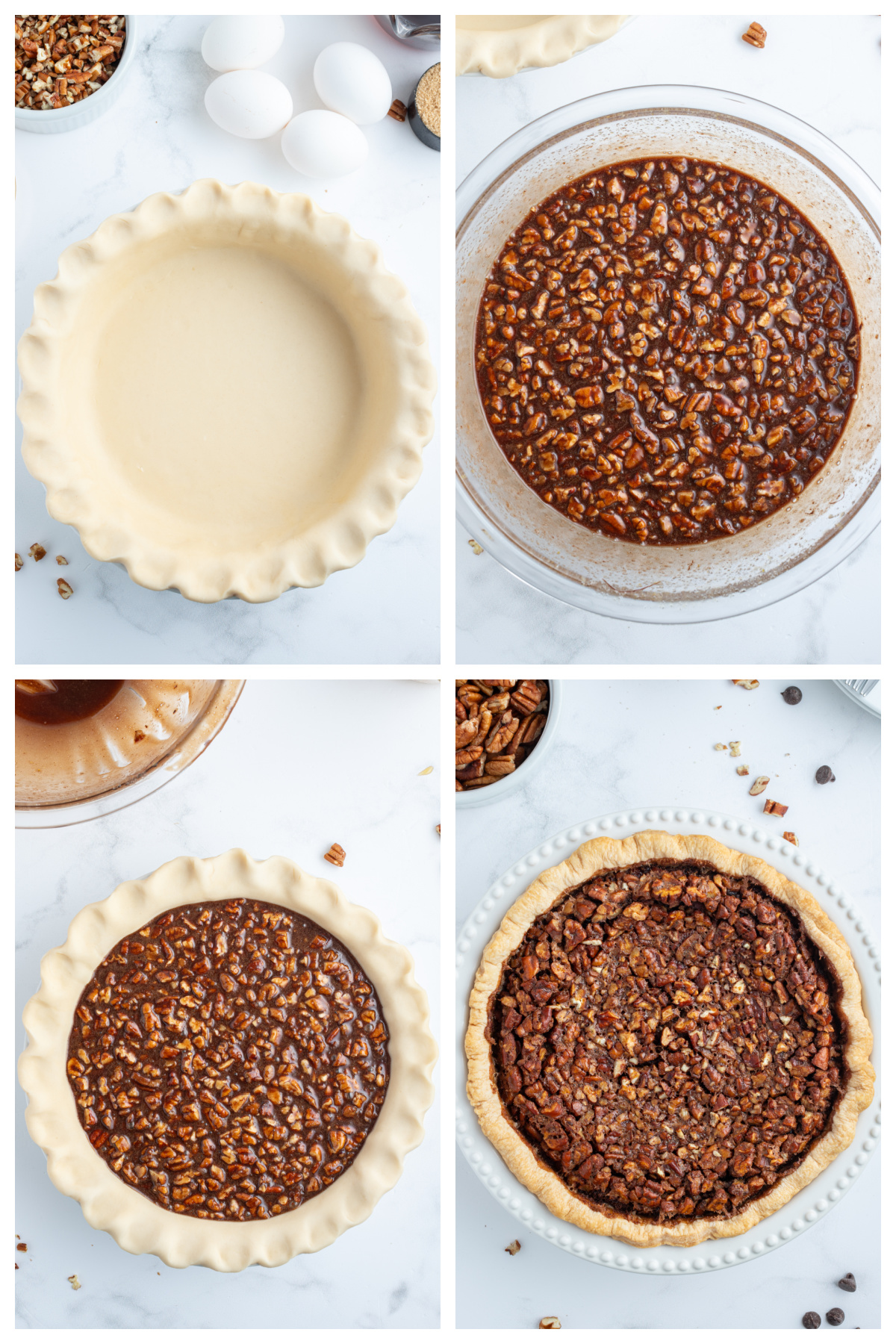 four photos showing how to make bourbon chocolate pecan pie