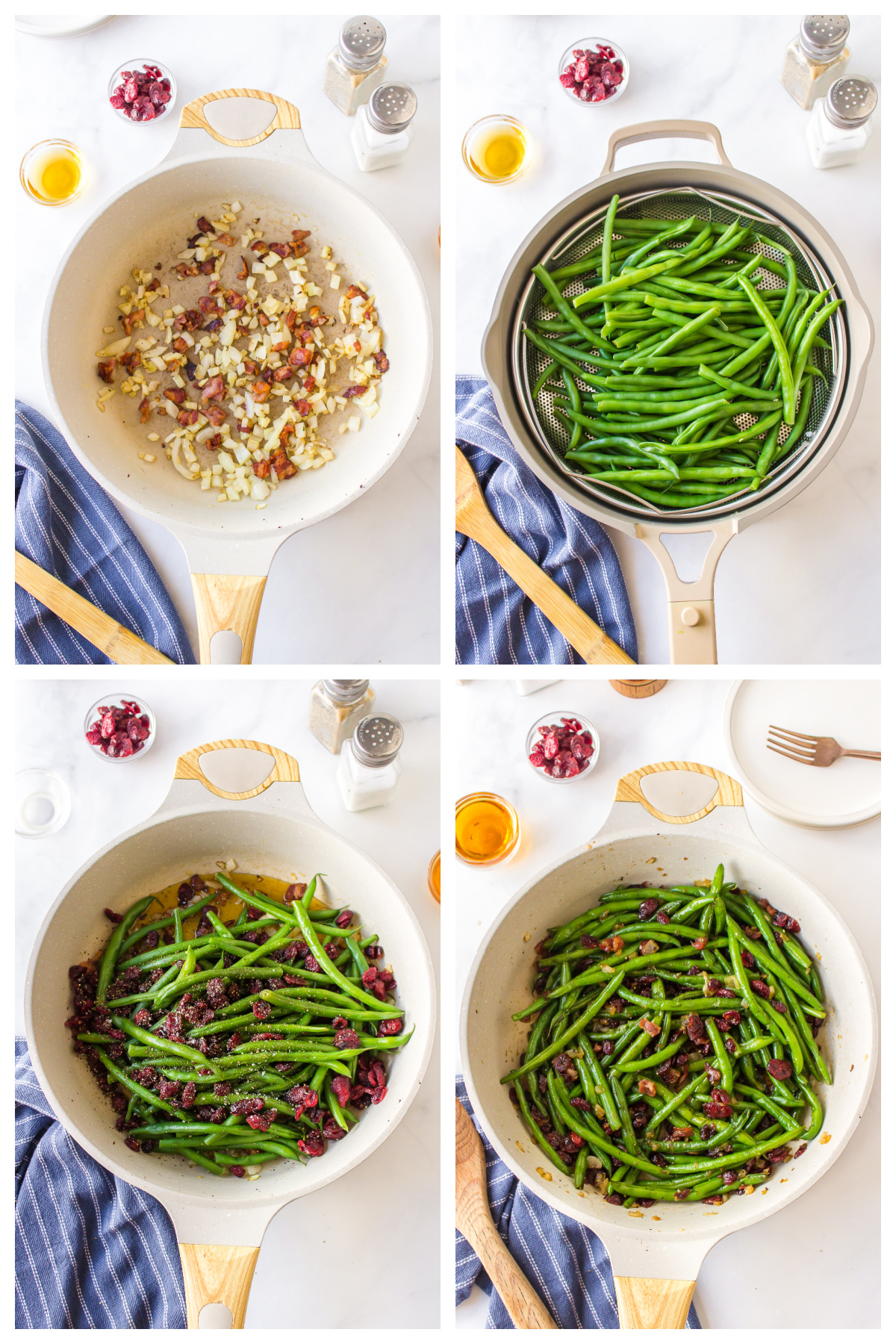 four photos showing how to make maple bourbon green beans
