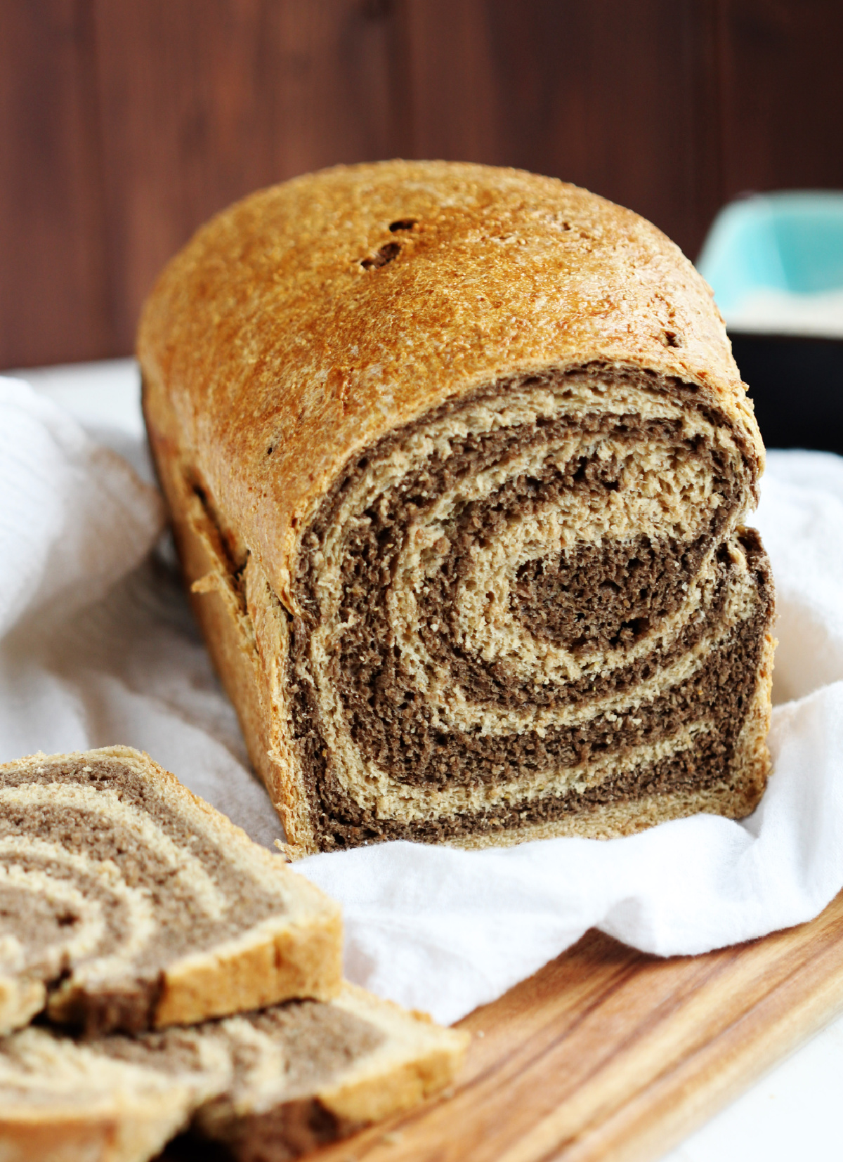 loaf of marbled rye bread sliced open