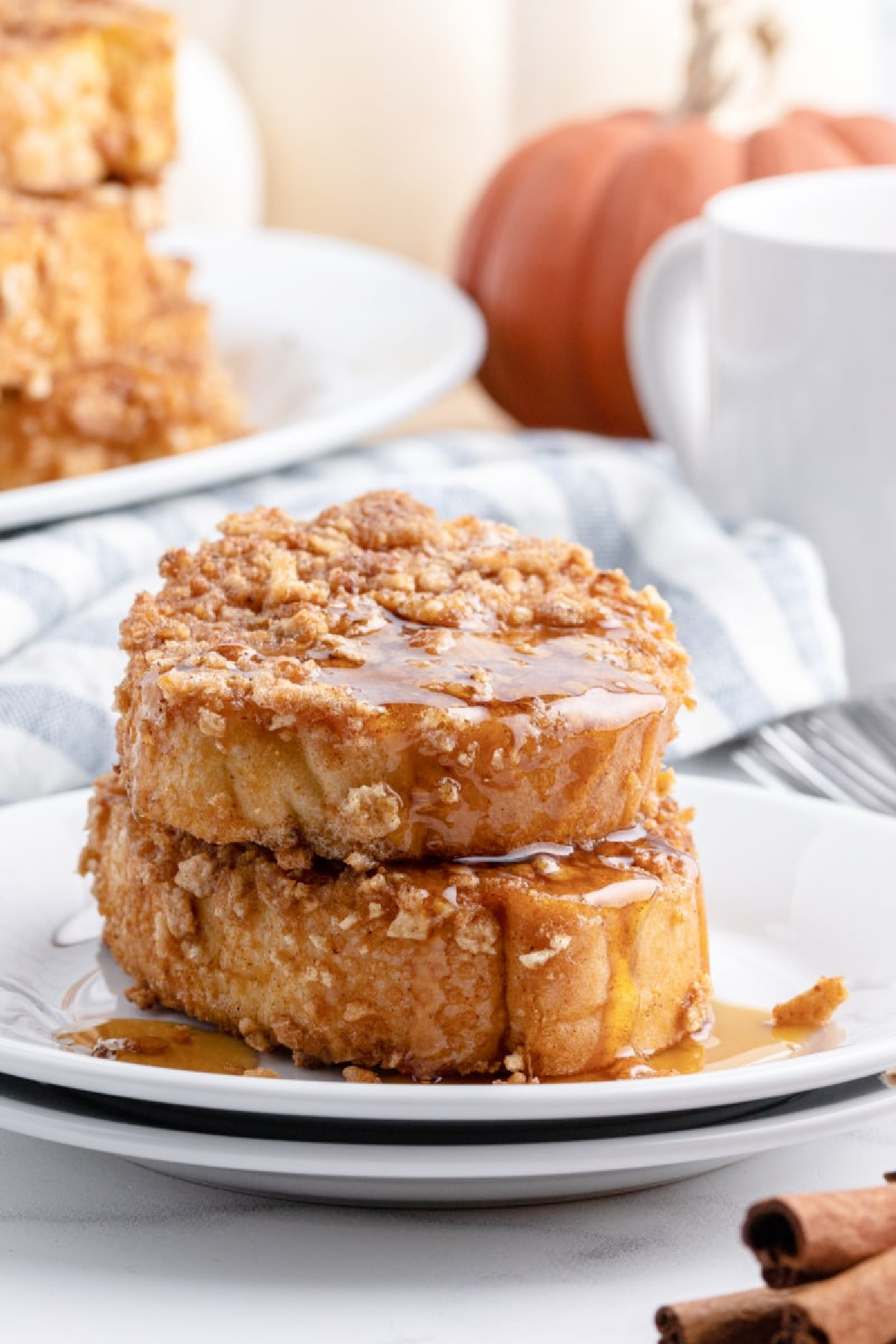 two pieces stacked pumpkin french toast