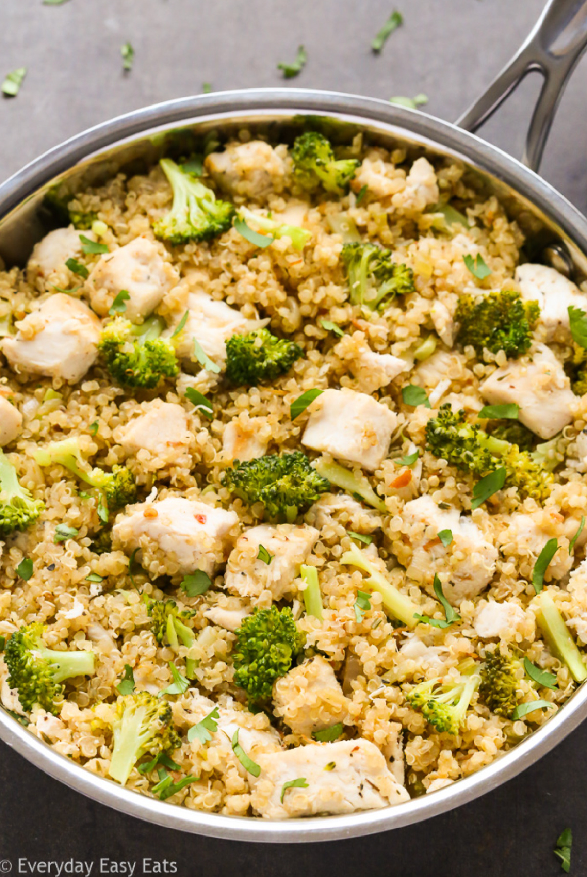 chicken broccoli quinoa in skillet