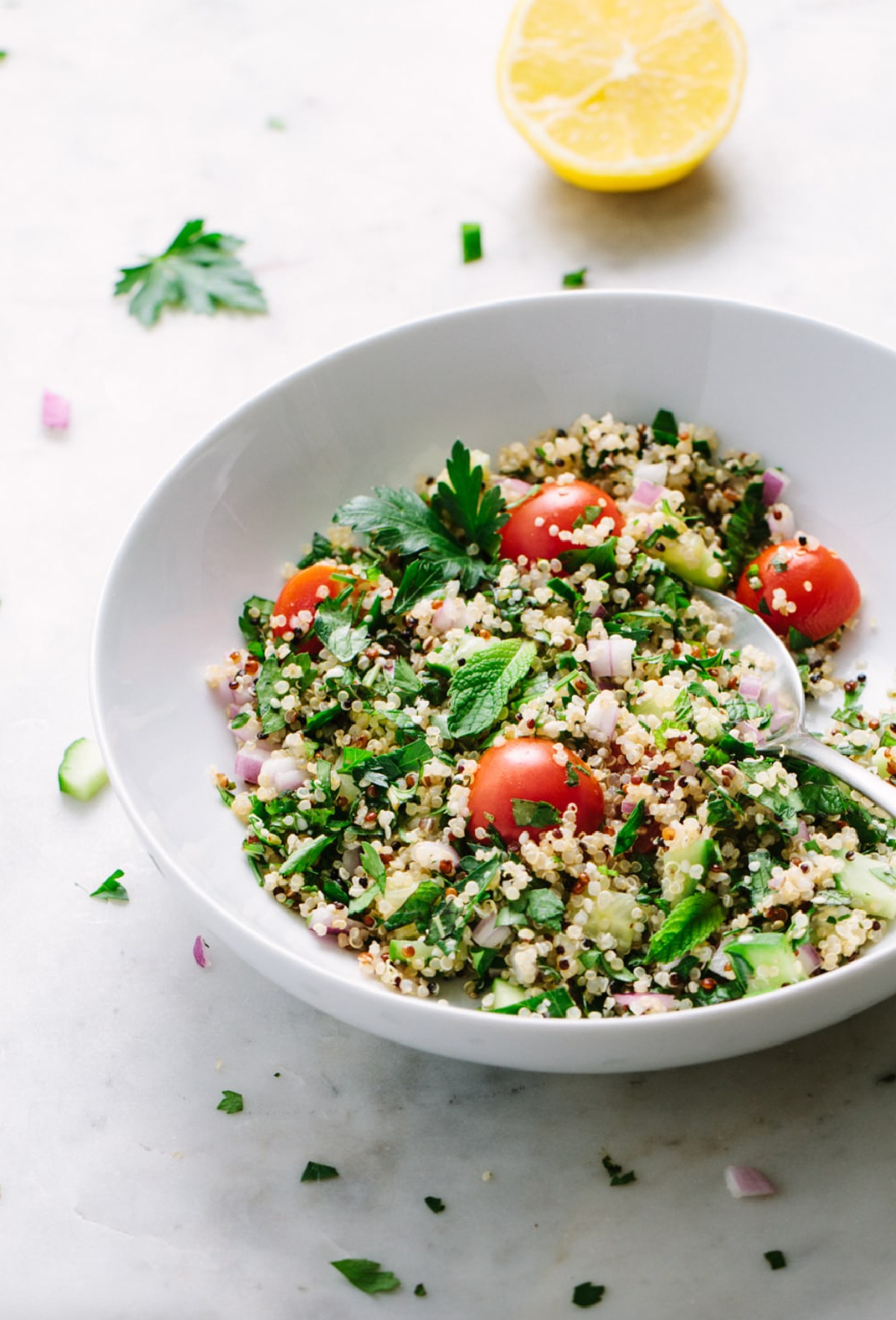 quinoa hemp heart tabbouleh in bowl