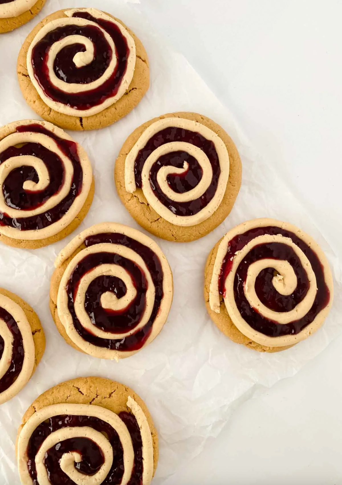overhead shot of copycat crumbl peanut butter and jelly cookies