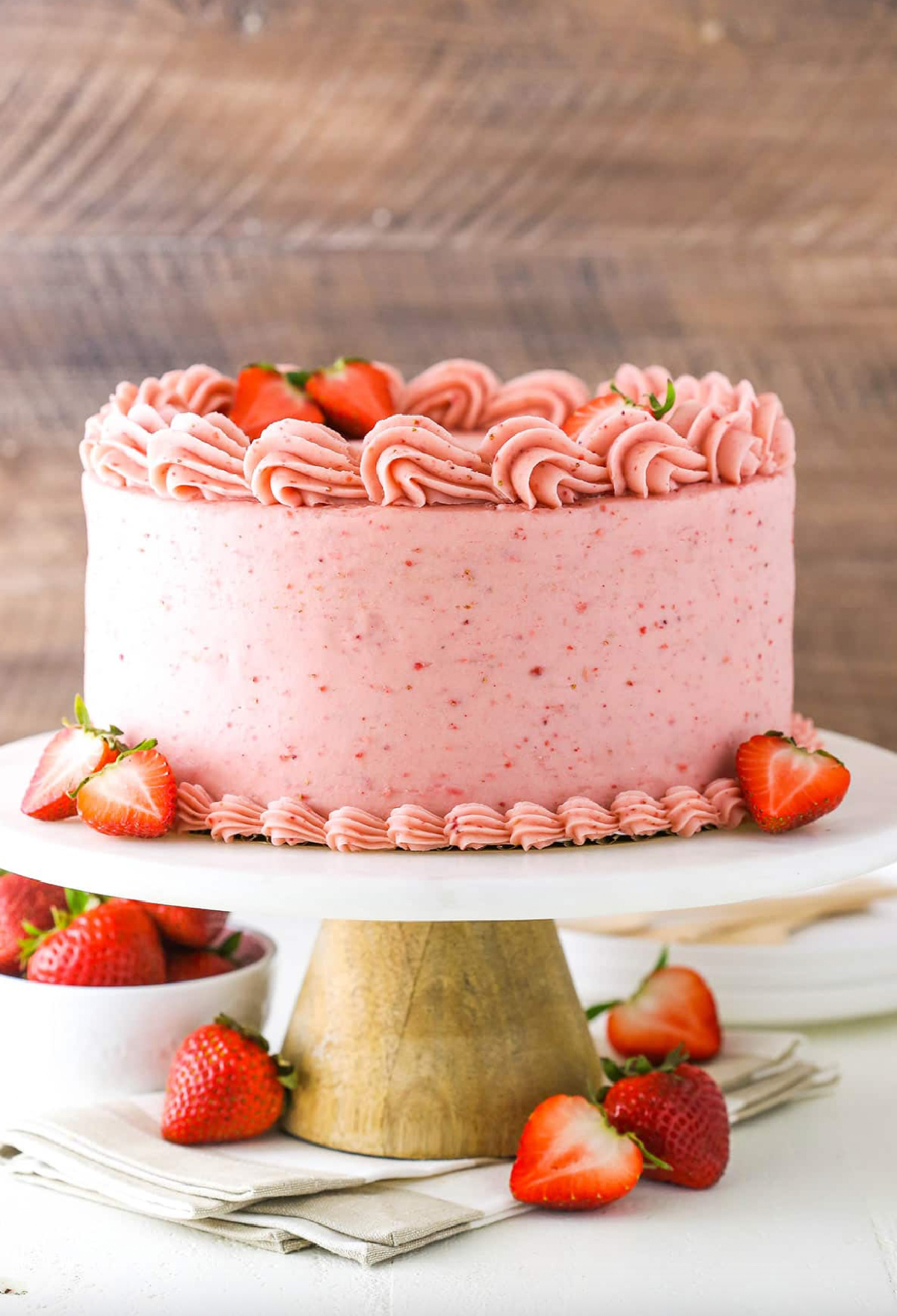 homemade strawberry cake on cake stand