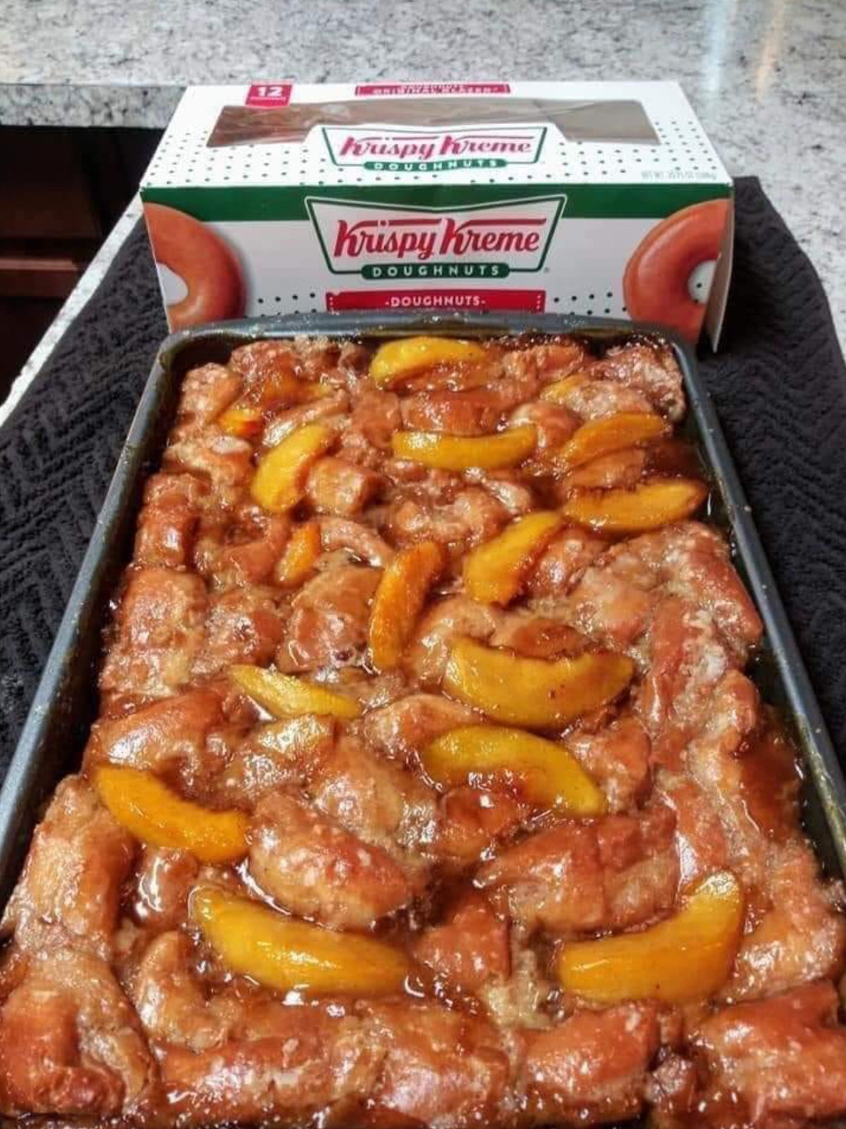 krispy Kreme peach cobbler in baking dish
