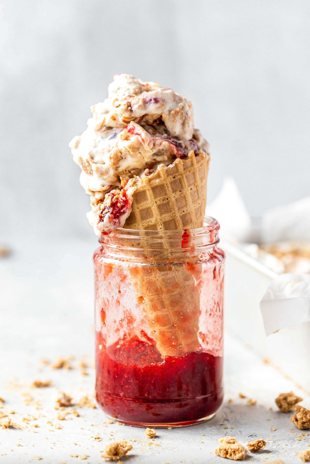 no churn peanut butter and jelly ice cream cone set in jar
