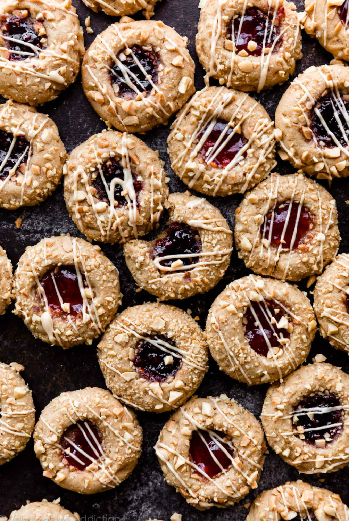 overhead shot of peanut butter and jam thumbprints