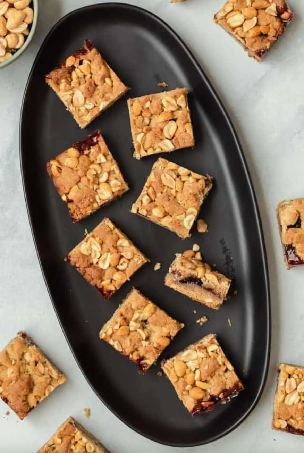 overhead shot of peanut butter and jelly bars