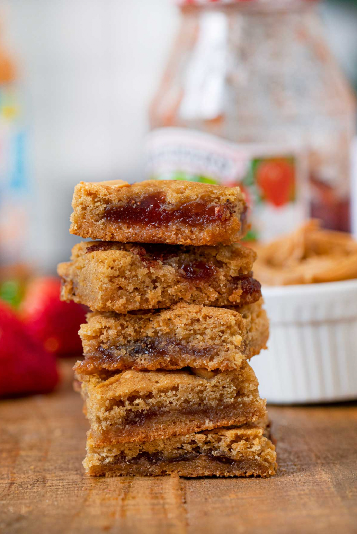 stack of peanut butter and jelly blondies