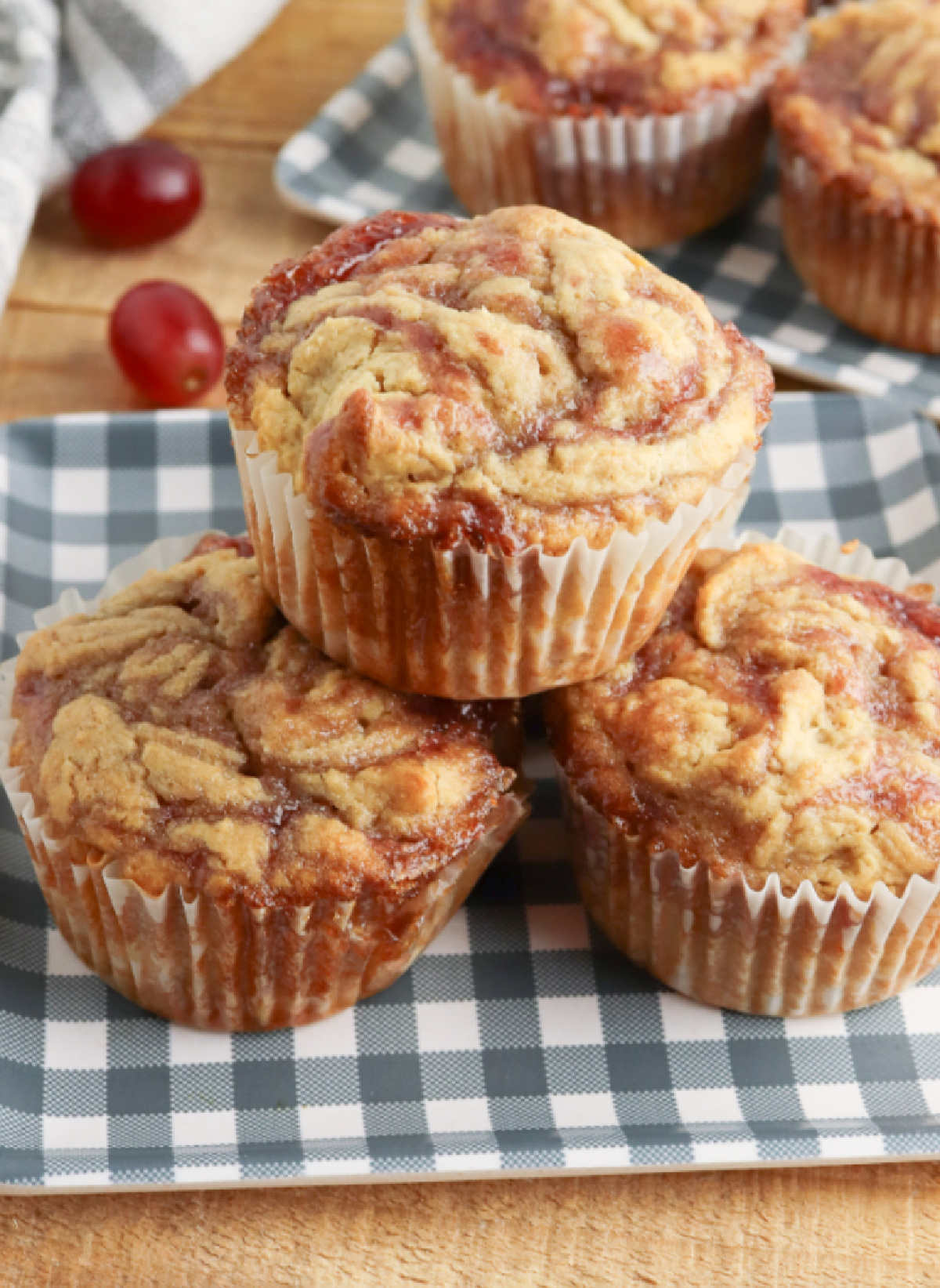 three peanut butter and jelly muffins