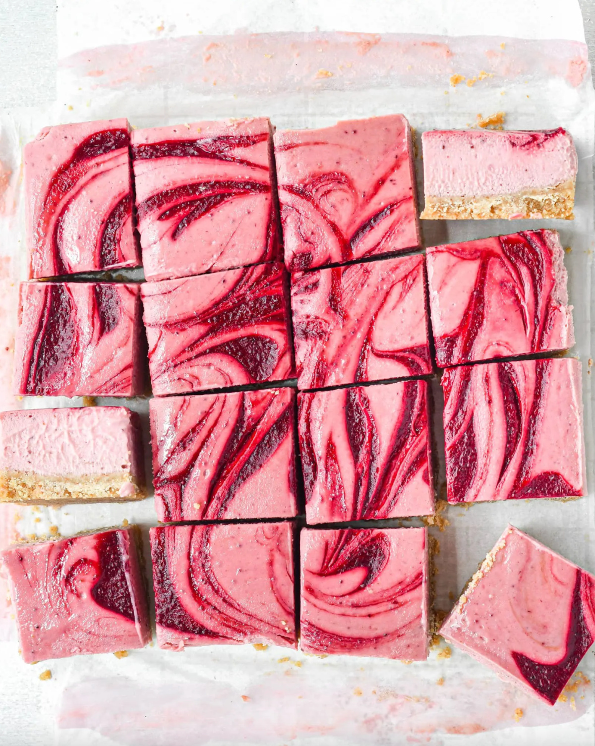 roasted strawberry cheesecake cut into squares