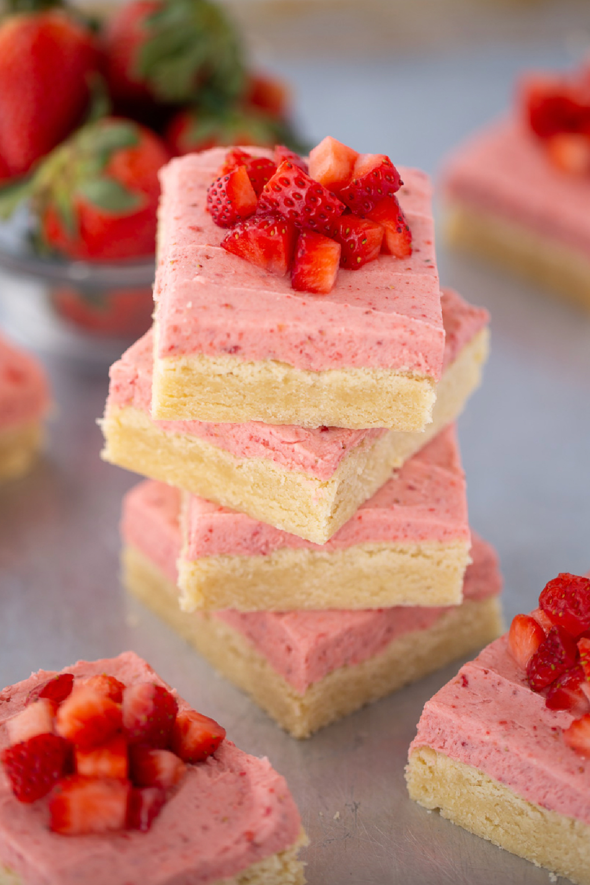 strawberry sugar cookie bars stacked