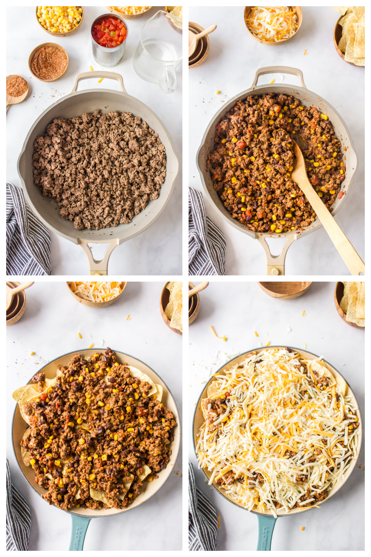 four photos showing how to make skillet nachos