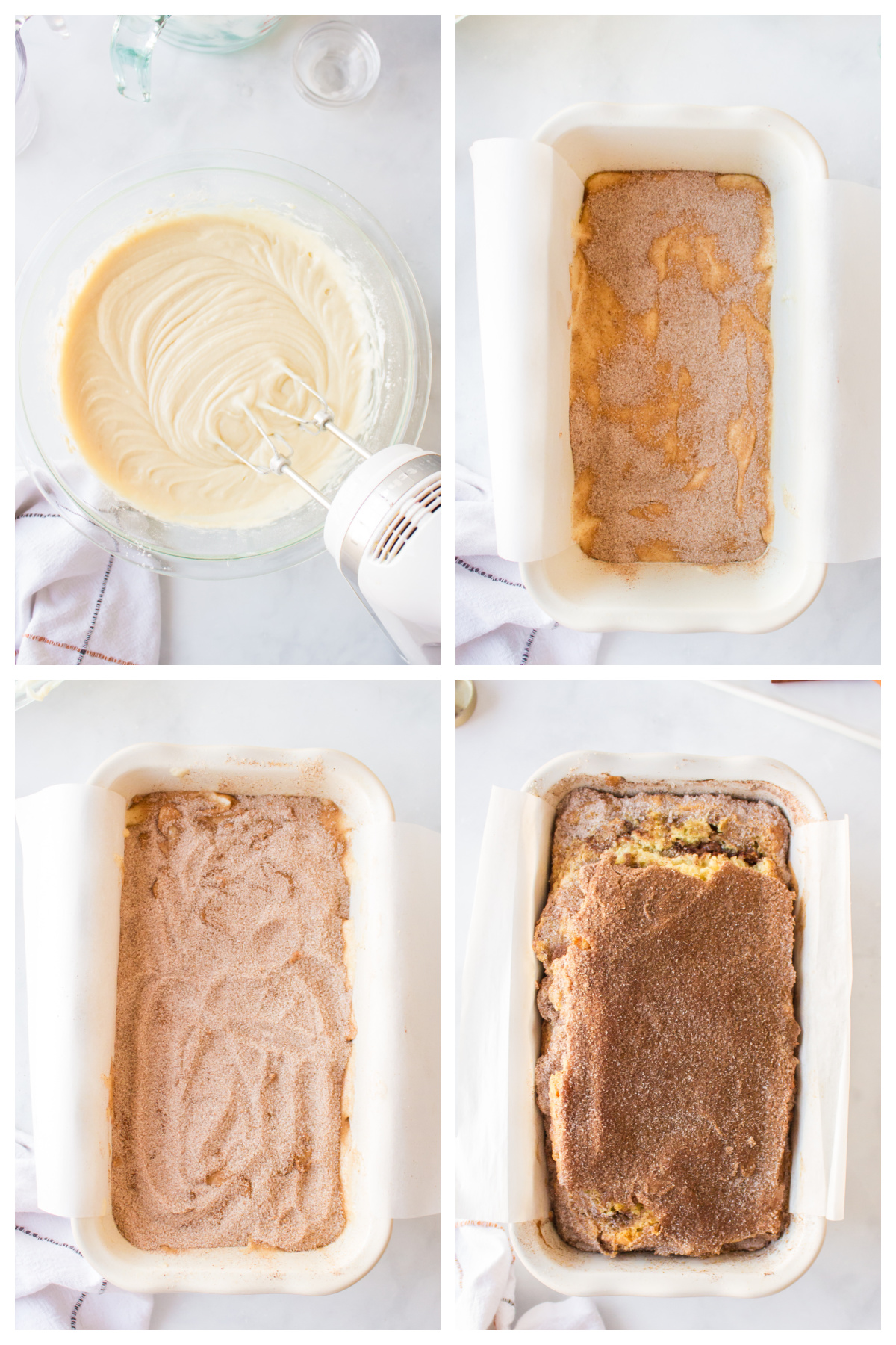 four photos showing how to make cinnamon swirl bread