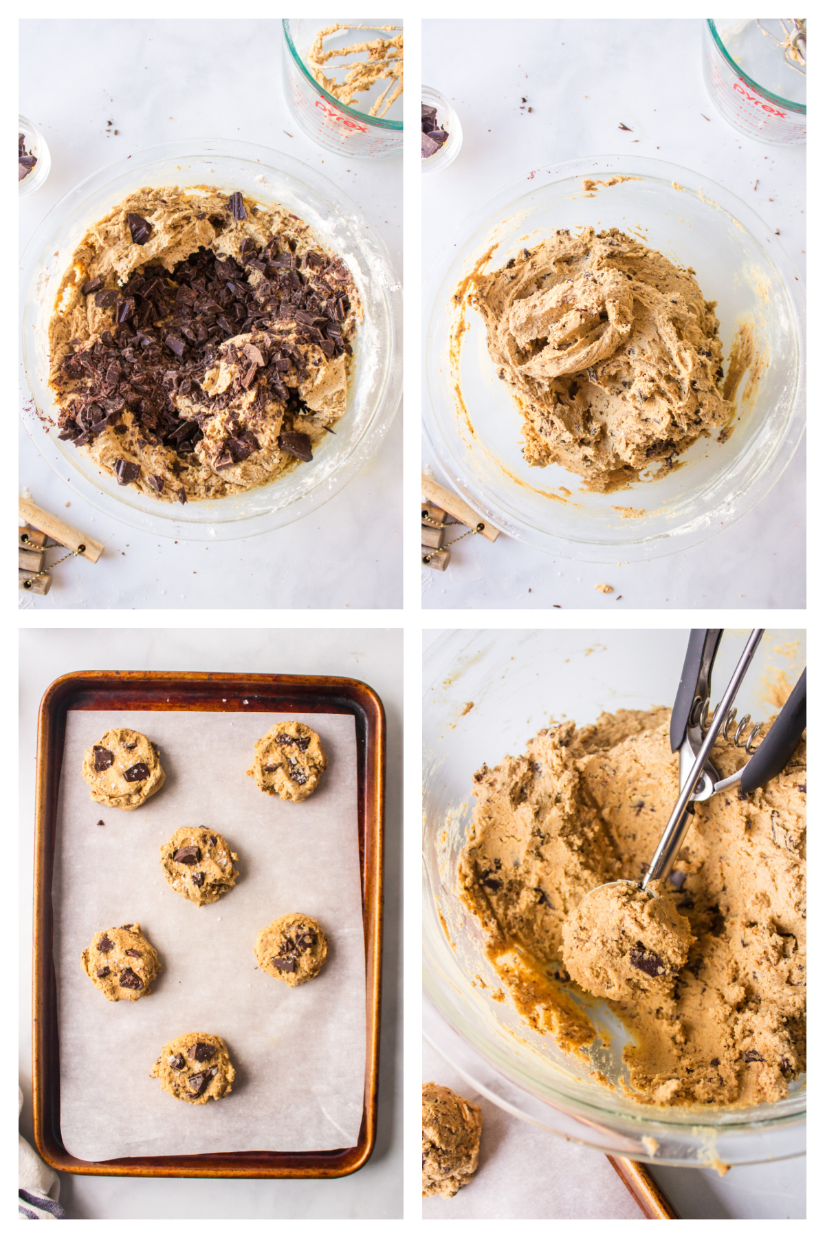 four photos showing how to make dark chocolate chunk cookies