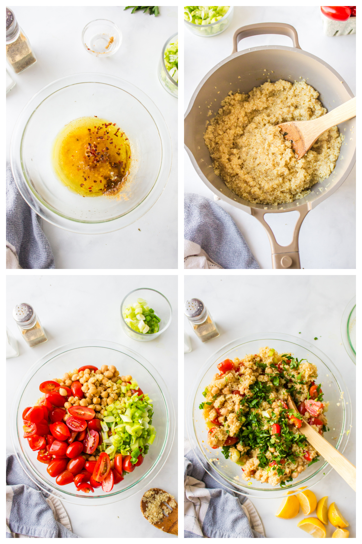 four photos showing how to make easy quinoa salad