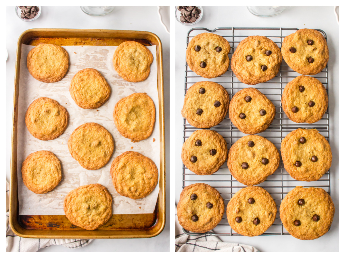 cookies on baking sheet, and then cookies on baking sheet with chocolate chips