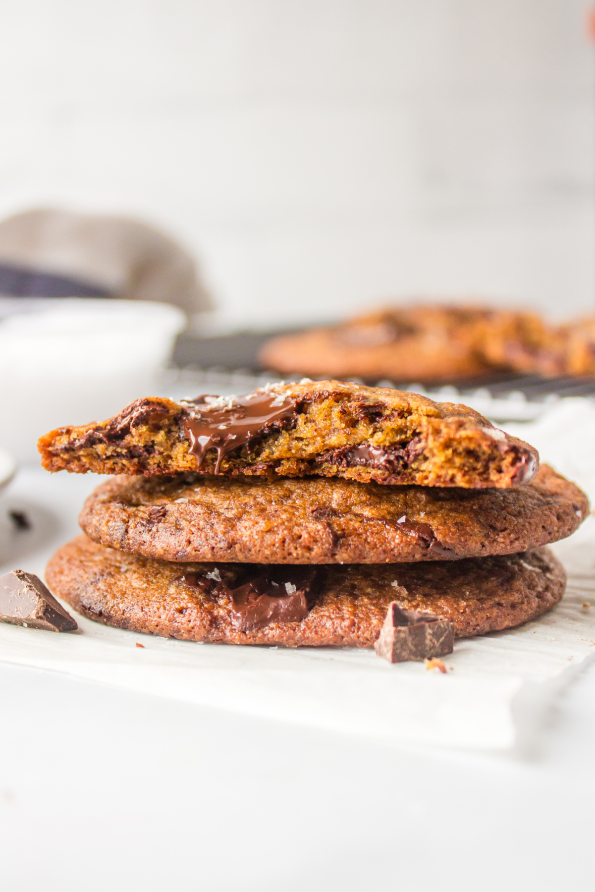 stacked dark chocolate chunk cookies