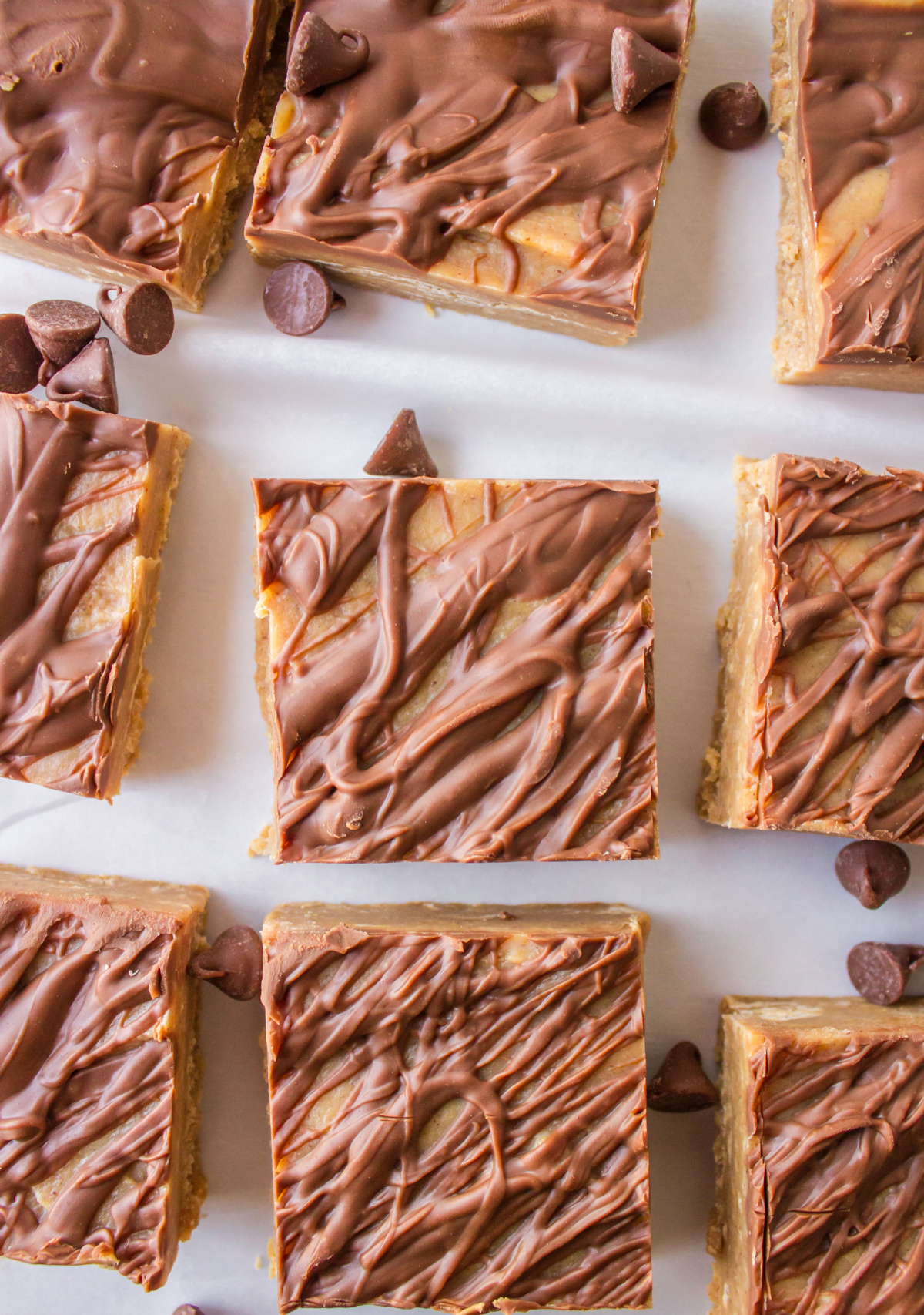 creamy peanut butter fudge with chocolate swirl cut into pieces